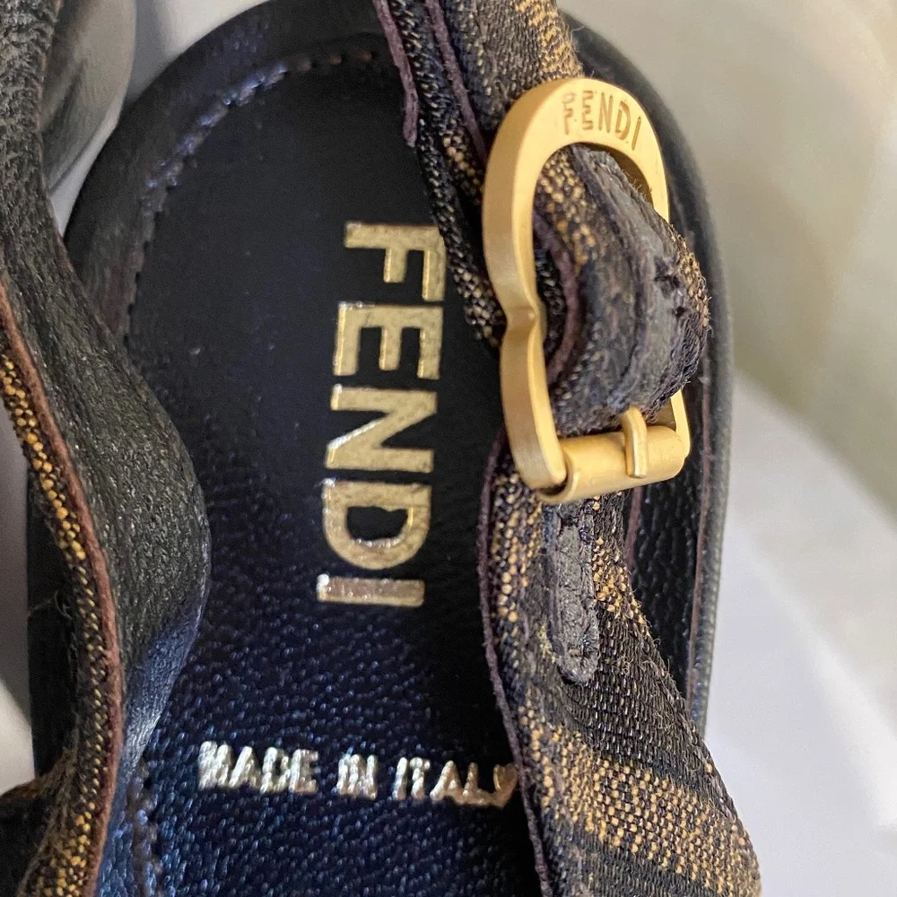 Fendi heels ankle strap 36.5 Italy open toe pumps monogram canvas clogs platform - Picture 2 of 10